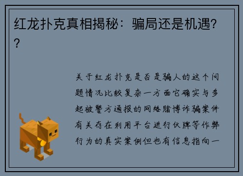 红龙扑克真相揭秘：骗局还是机遇？？